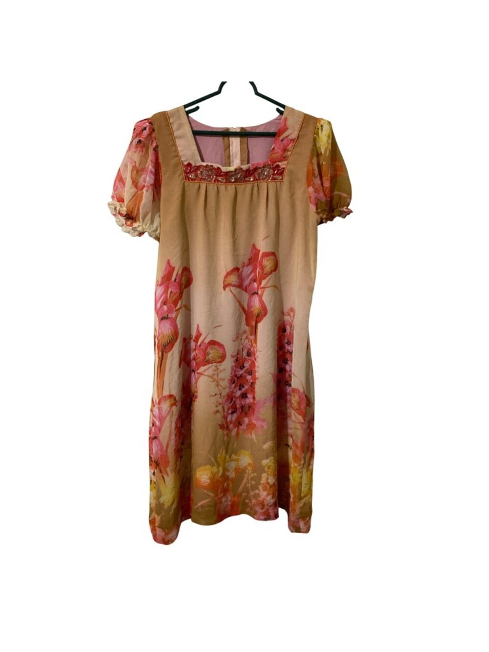 Vintage Floral Pink And Yellow Dress With Embellished Neckline And Puff Sleeves